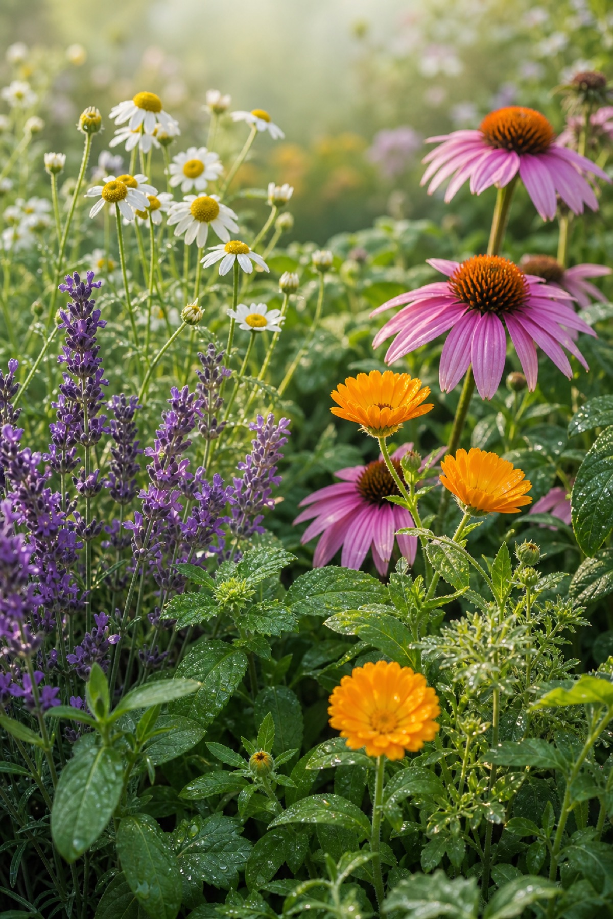 Chamomile, lavender, calendula, and echinacea growing in a garden