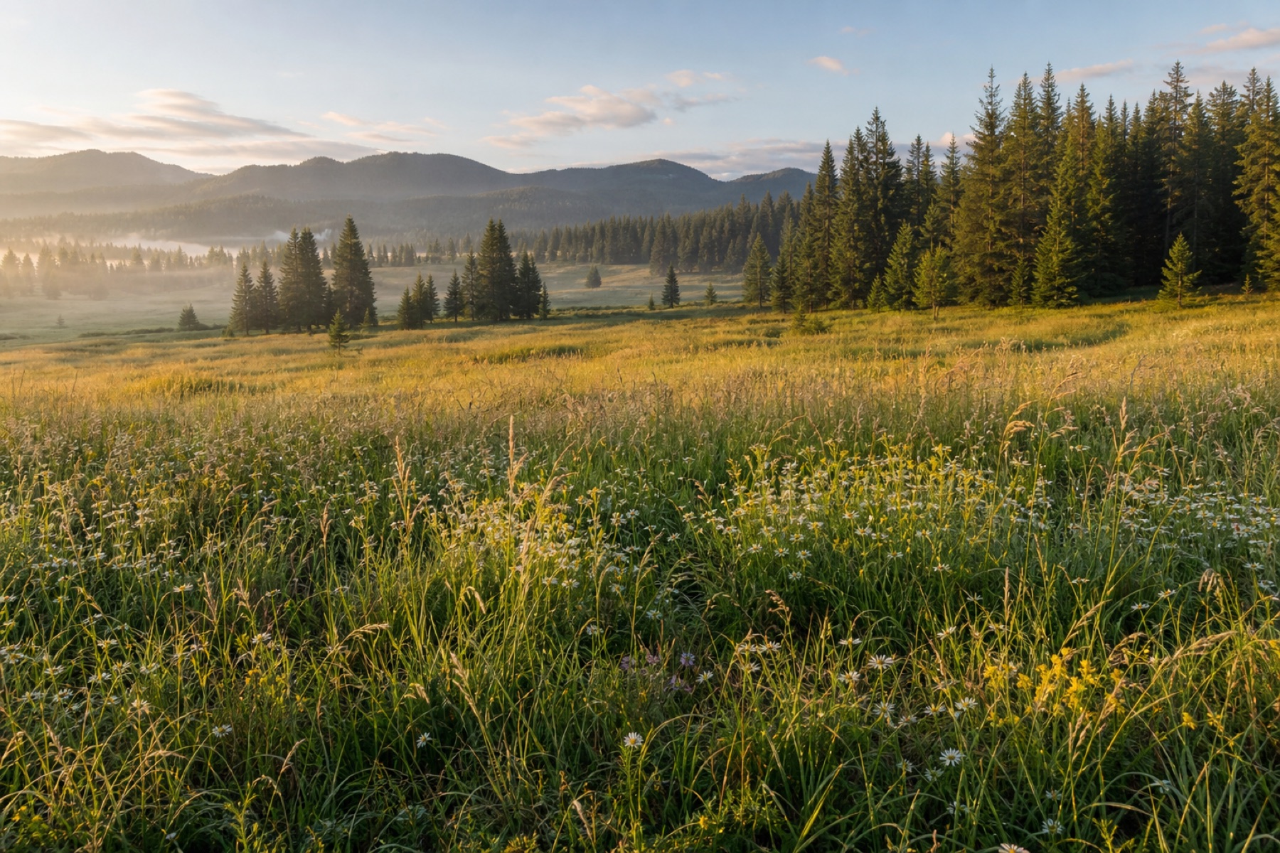 Sunlit meadow with native grasses and wildflowers near a forest