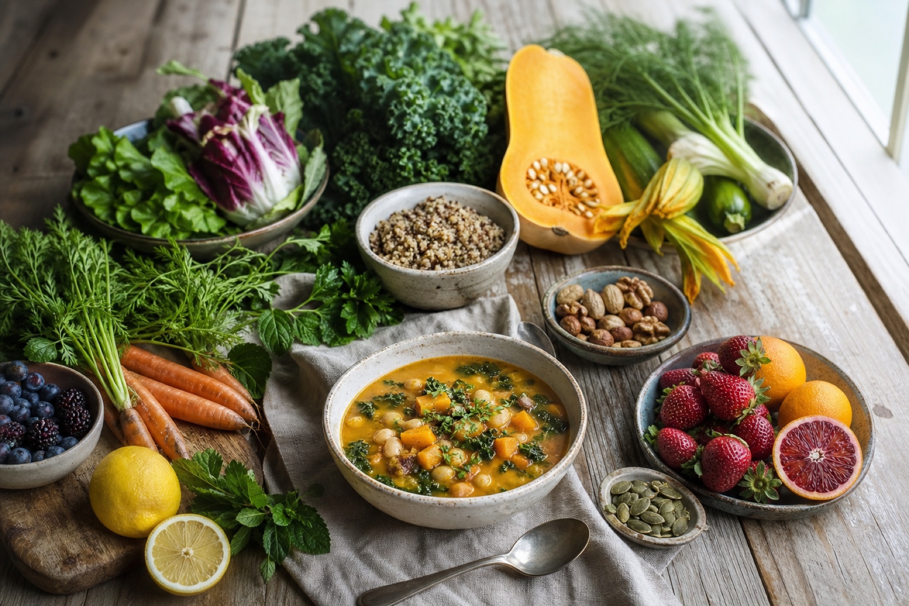 Seasonal vegetables, berries, herbs, grains, nuts, and nourishing soup