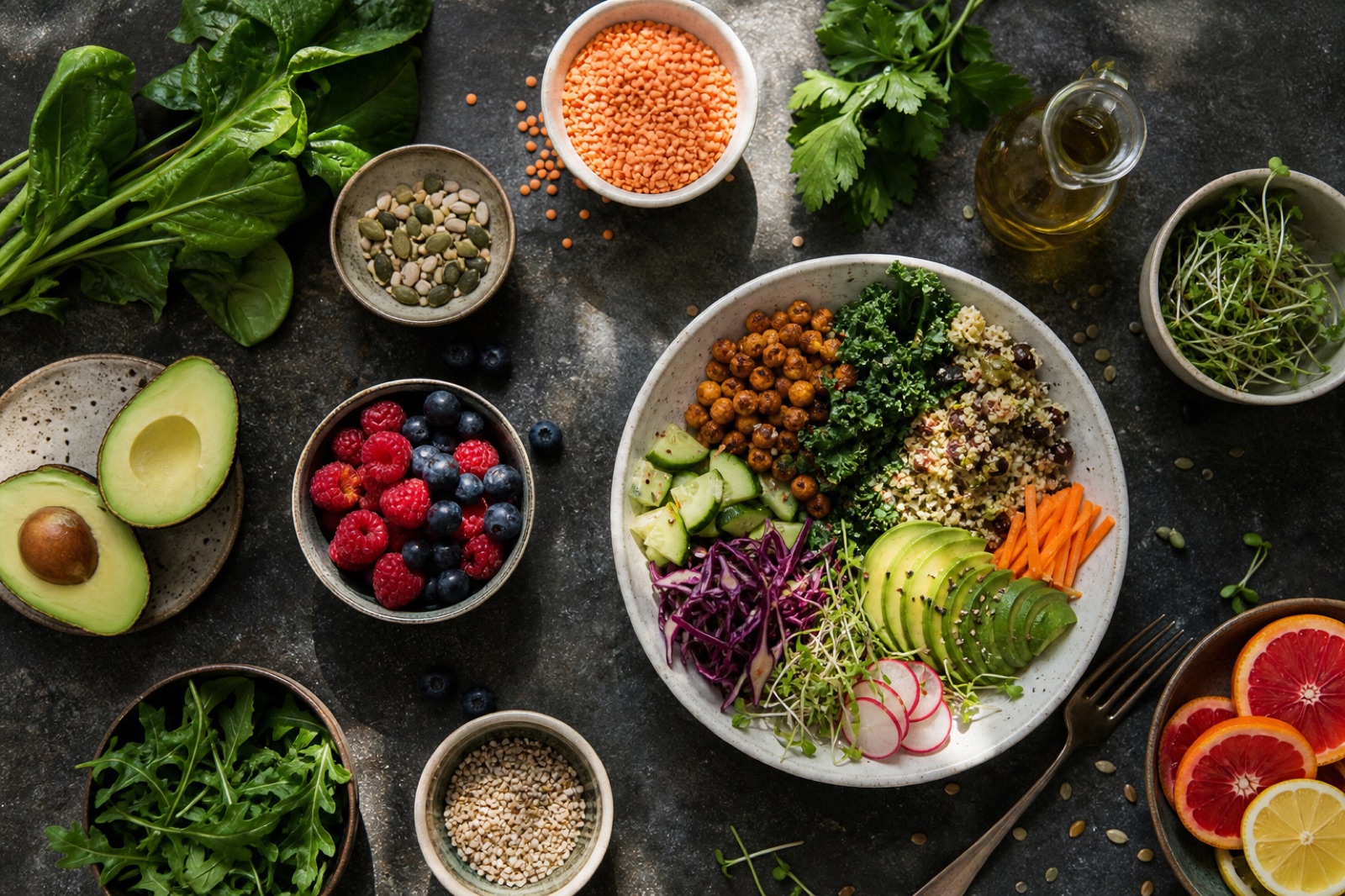 Colorful balanced meal with leafy greens, legumes, berries, avocado, seeds, and herbs