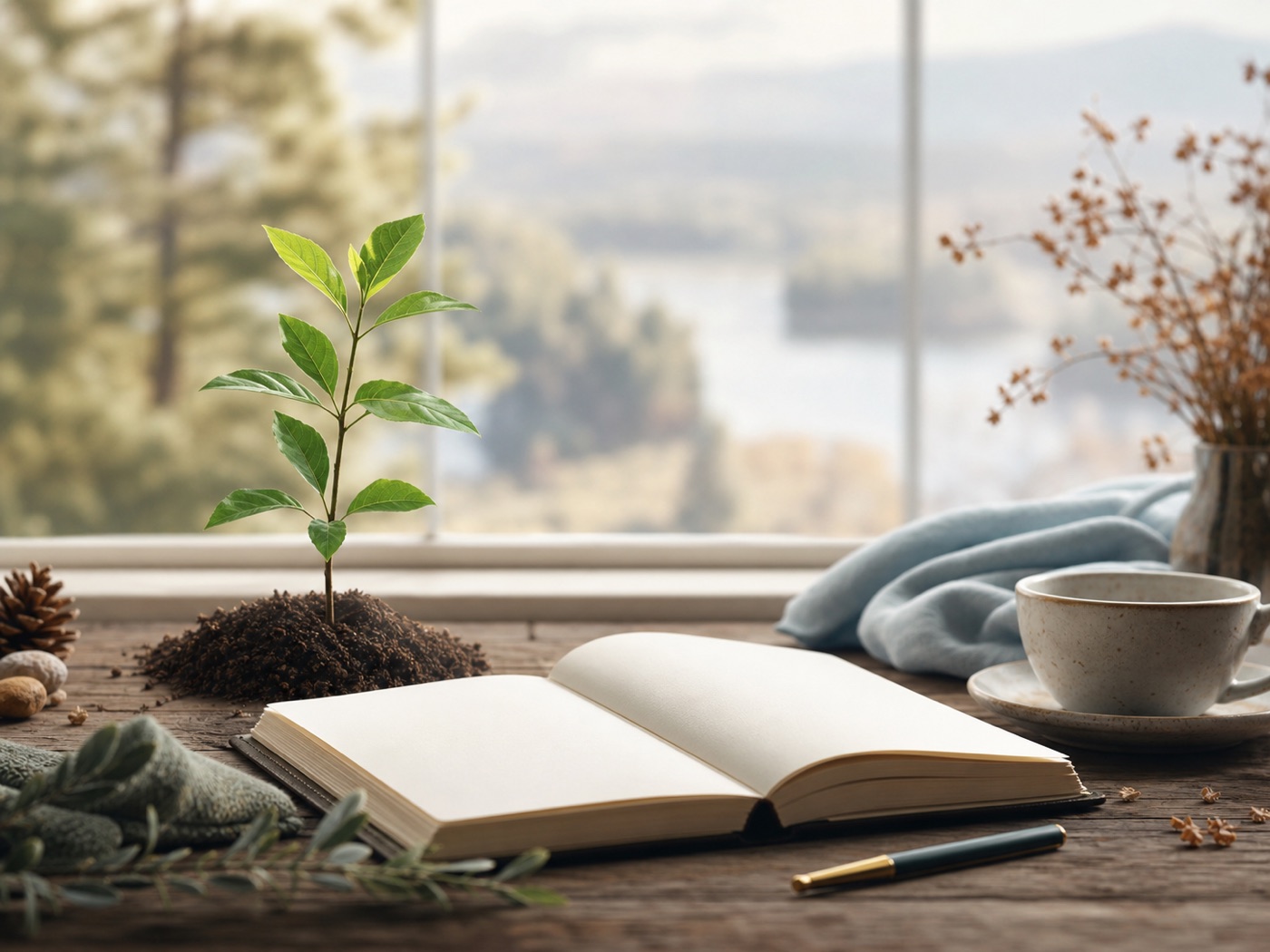 Young sapling and open journal symbolizing steady growth