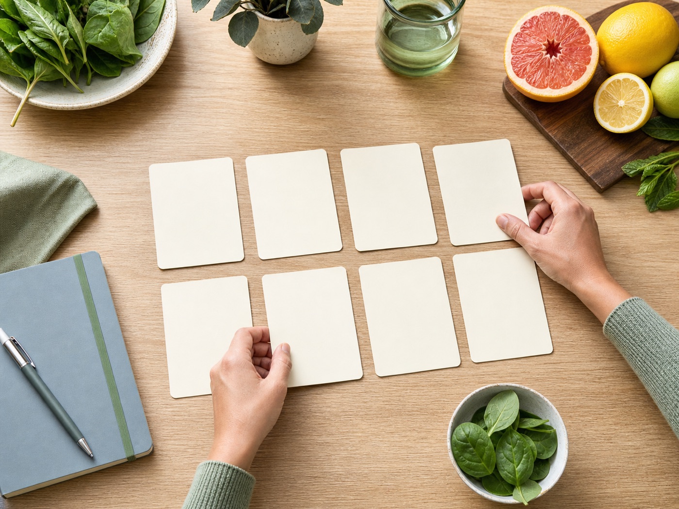 Eight planning cards arranged with fresh greens and citrus