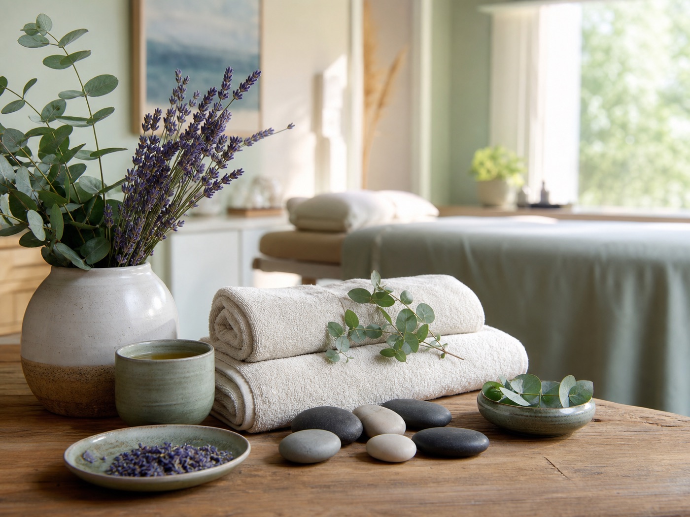 Herbal tea, towels, stones, and botanicals in a wellness room