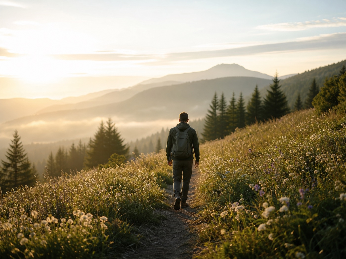 Person continuing along a sunlit mountain meadow trail