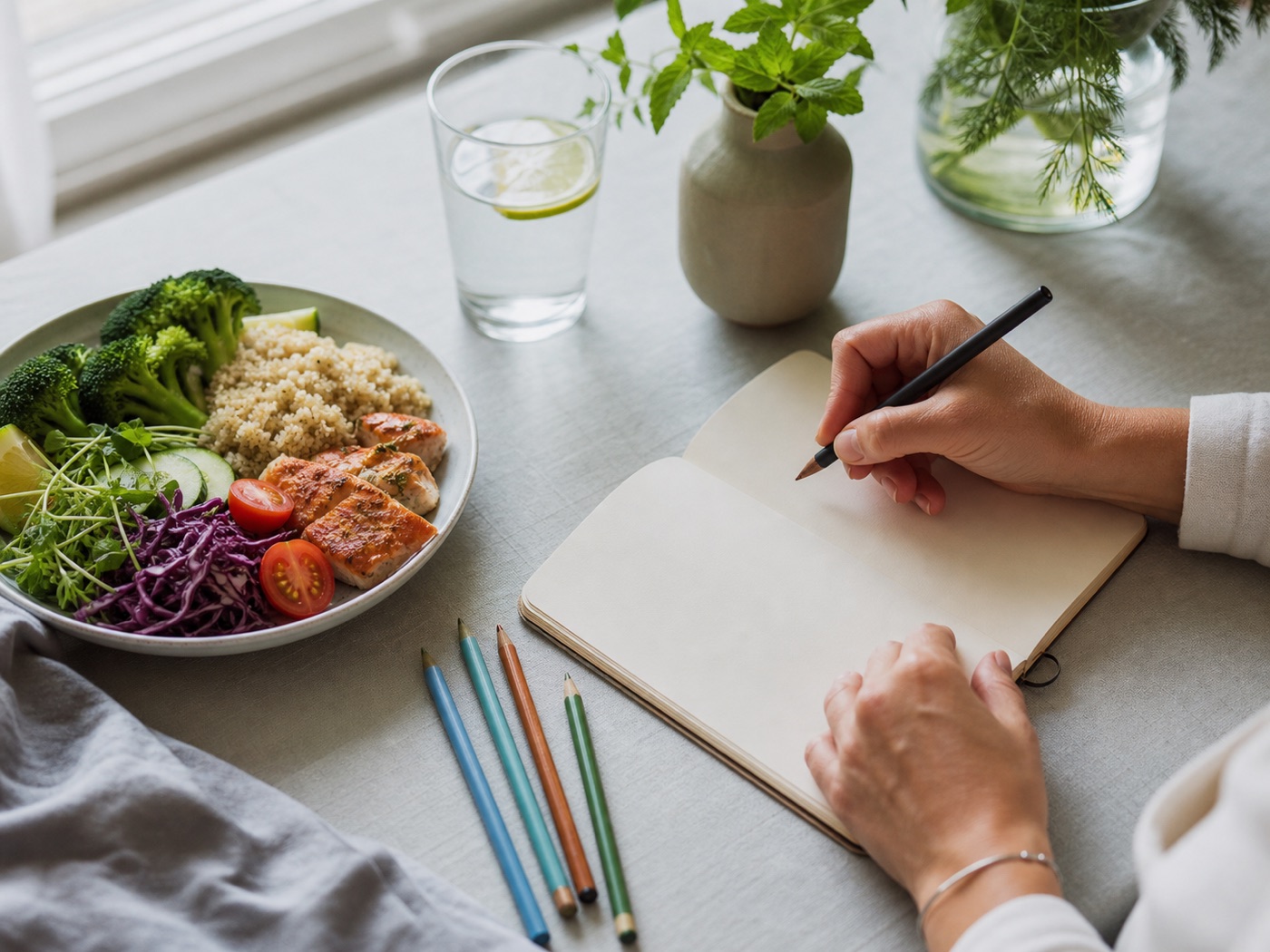 Hands using a food-and-mood journal beside a balanced meal
