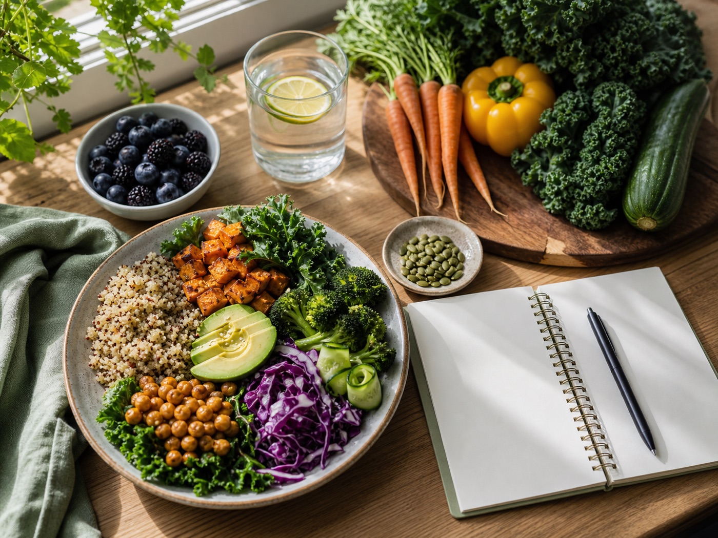 Balanced meal, fresh vegetables, and a meal-planning notebook
