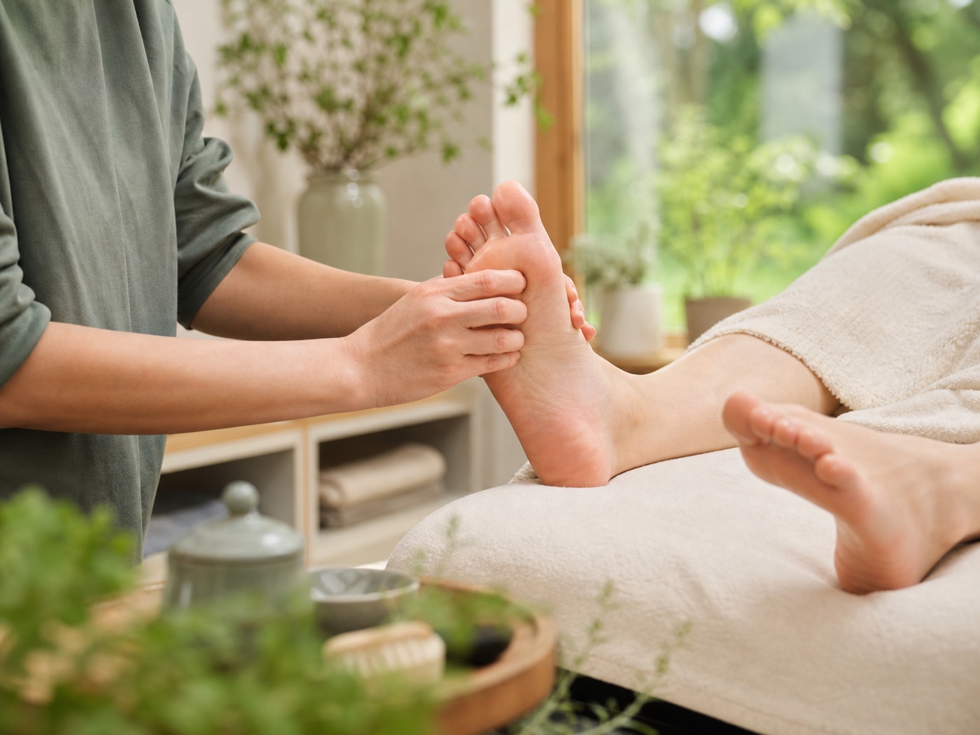 Practitioner providing a relaxing foot reflexology session