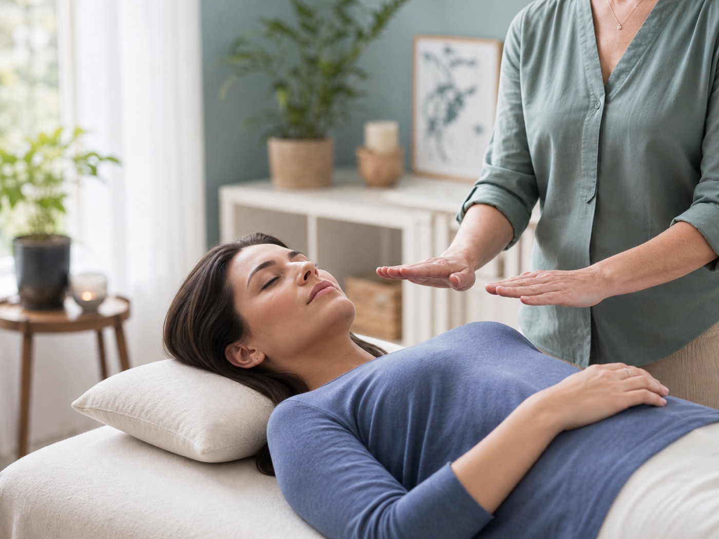 Practitioner offering Reiki in a calm, sunlit therapy room